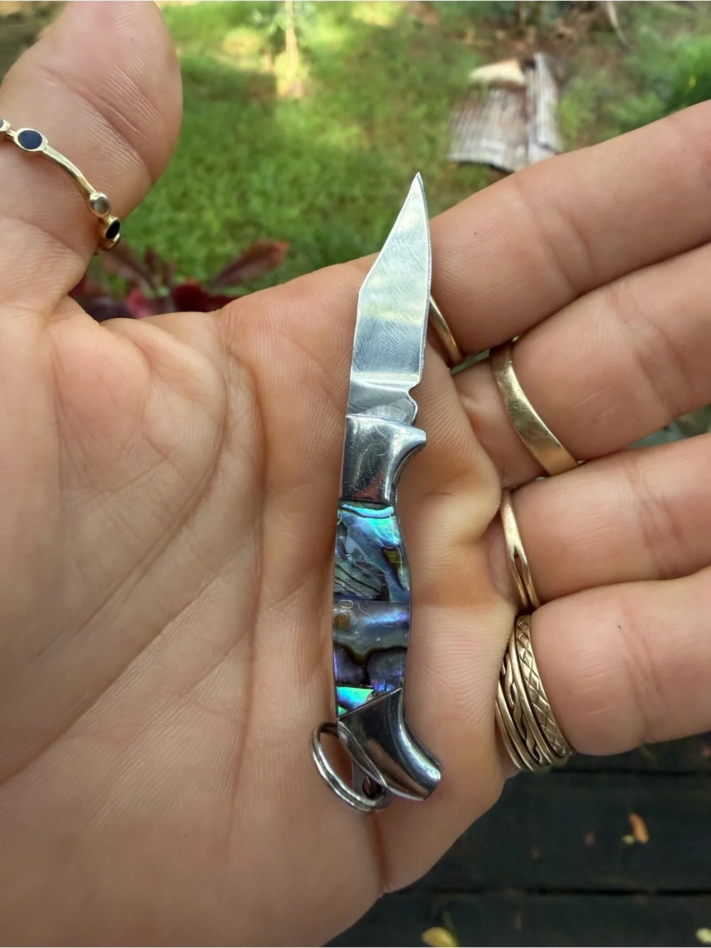 Iridescent Abalone Pocket Knife Keychain in Blue-Green